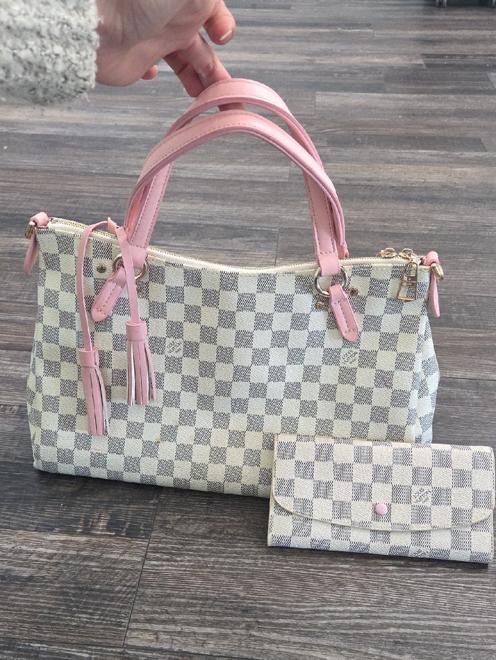 Leather Tan And Pink Checkered Shoulder Bag with Matching Wallet